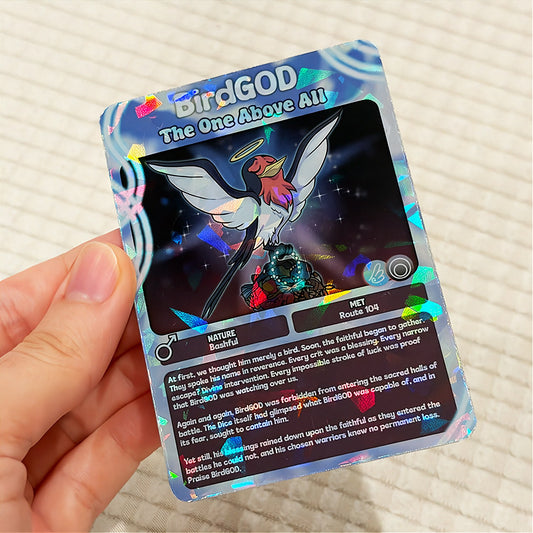 A hand holds a cartoon sticker next to a printed card pack titled "CopyCards Faithful Flock" on grass outdoors.