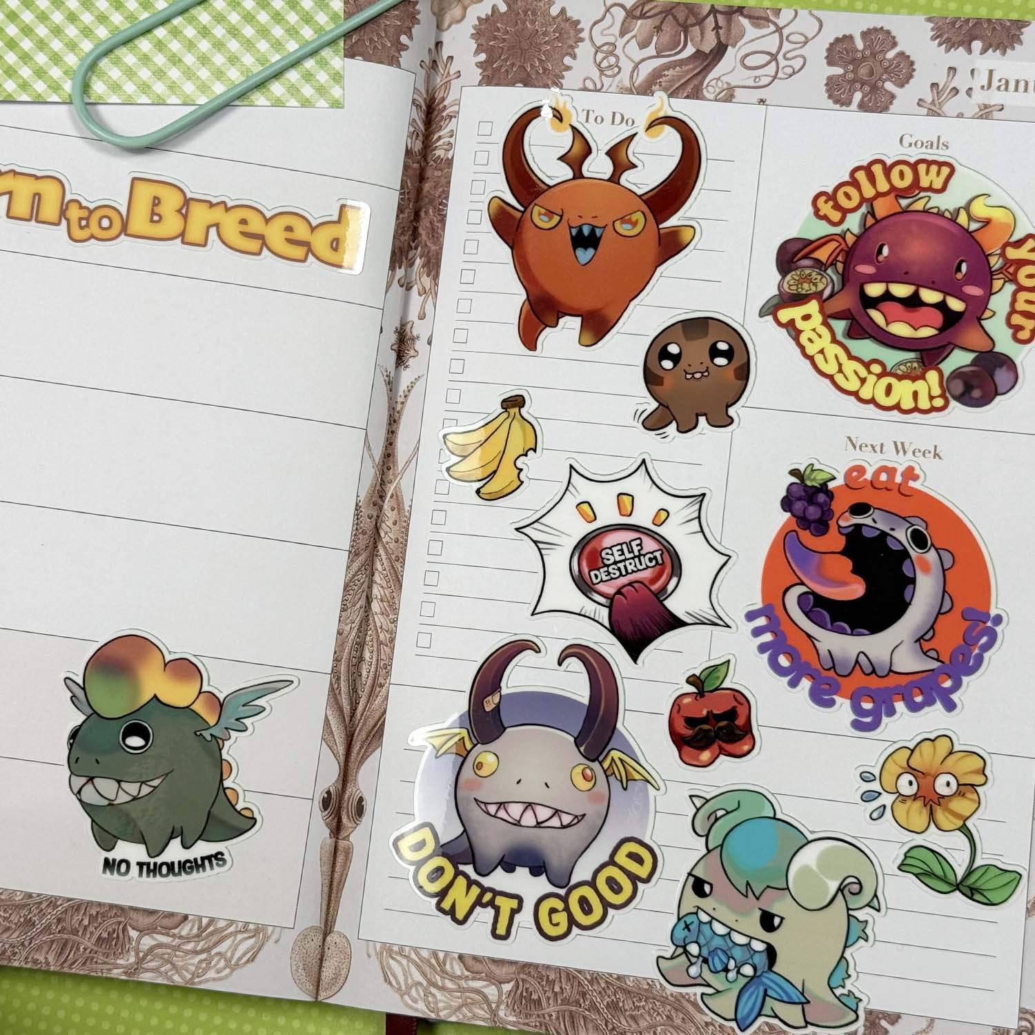 dino buddy stickers in a notebook