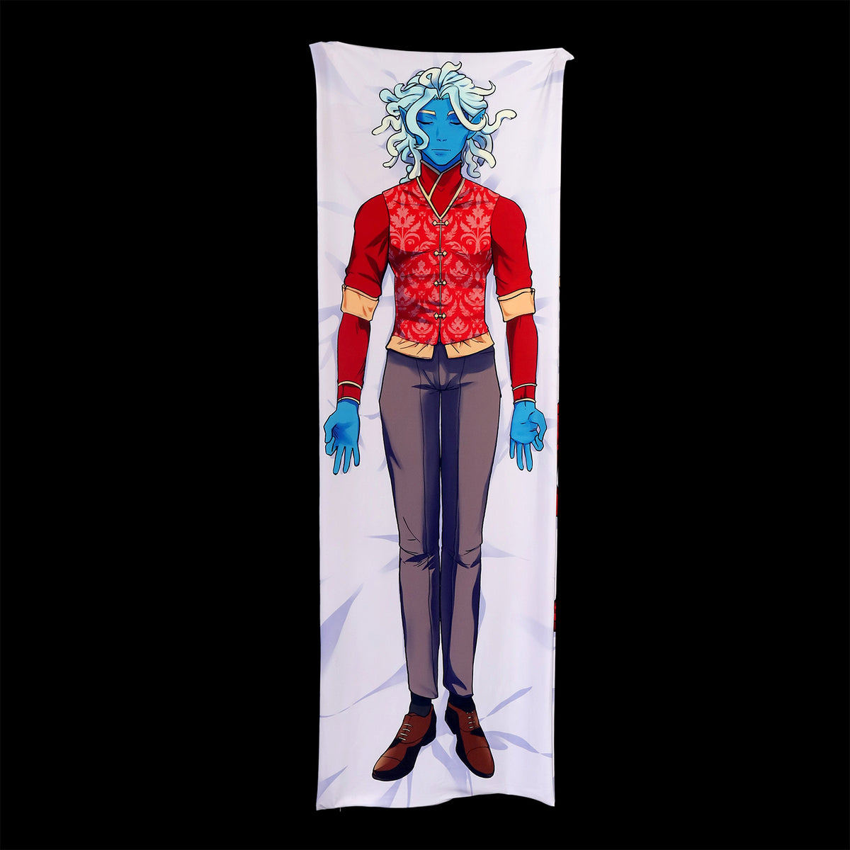 urge, a blue drow in a red outfit designed on a pillow cover
