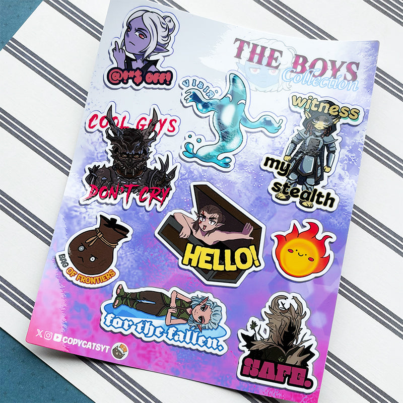 Sticker sheet with various stickers on a striped background