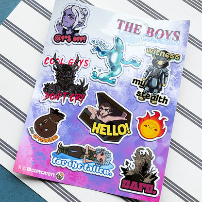 Sticker sheet with various stickers on a striped background