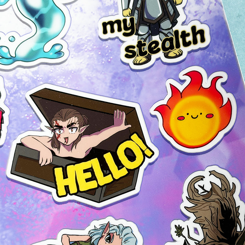 Collection of colorful stickers with various designs on a purple background