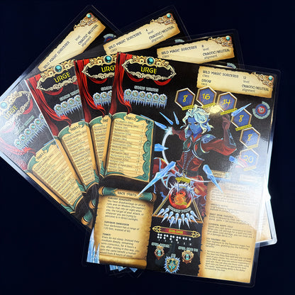 full shot of the character bundle, featuring spell list, spell cards, equip cards and an inventory along with the four Urge character sheets.