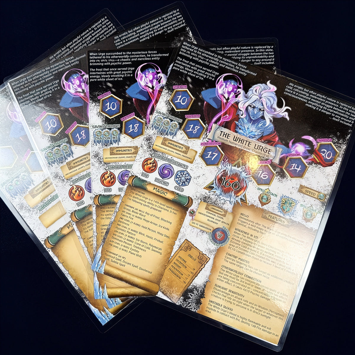 full shot of the character bundle, featuring spell list, spell cards, equip cards and an inventory along with the four Urge character sheets.