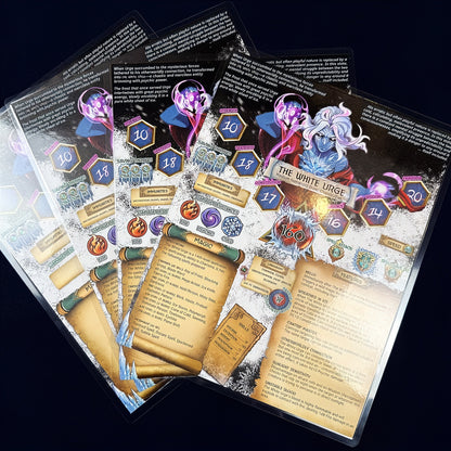 full shot of the character bundle, featuring spell list, spell cards, equip cards and an inventory along with the four Urge character sheets.