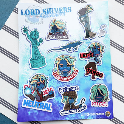 Sticker sheet with animated character stickers and text on a striped background