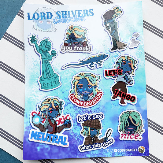 Sticker sheet with animated character stickers and text on a striped background