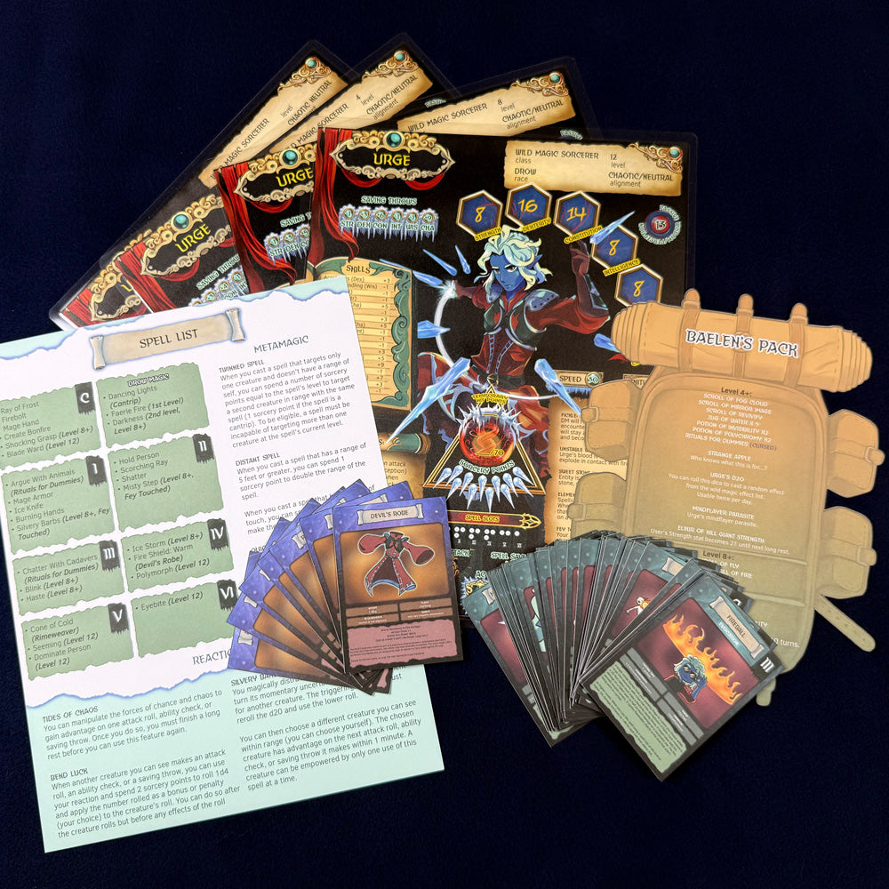 full shot of the character bundle, featuring spell list, spell cards, equip cards and an inventory along with the four Urge character sheets.