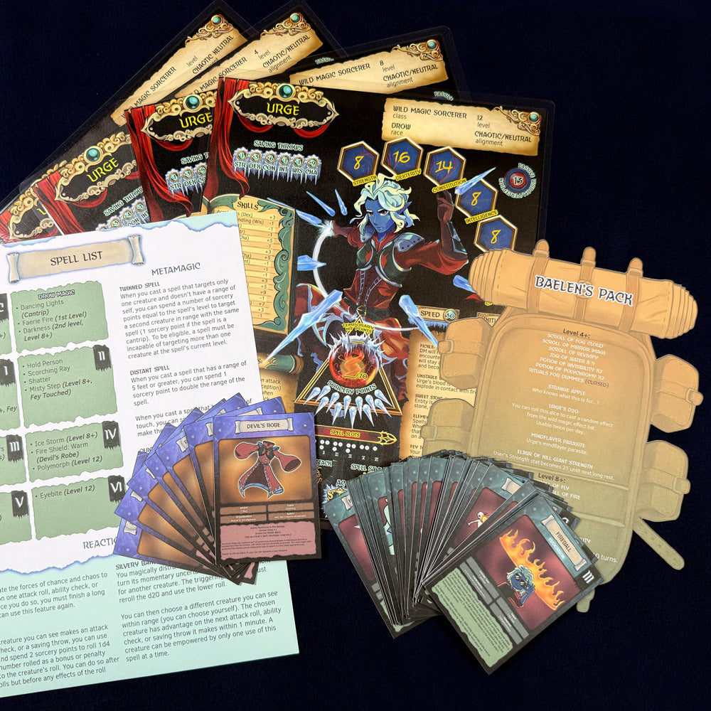 full shot of the character bundle, featuring spell list, spell cards, equip cards and an inventory along with the four Urge character sheets.