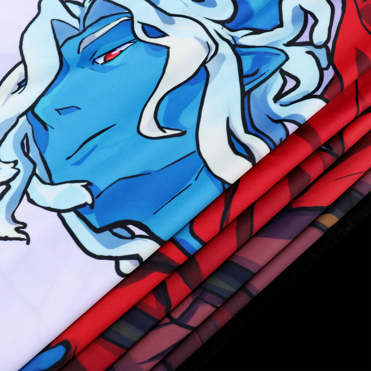 urge, a blue drow in a red outfit designed on a pillow cover