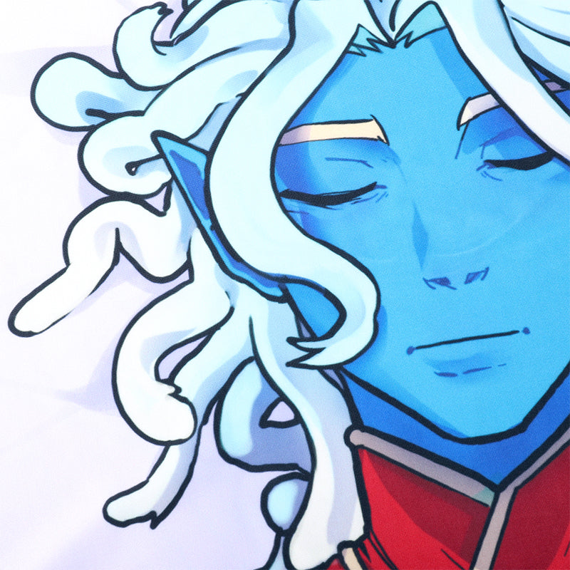 Close-up of a blue-skinned character with white hair and red clothing.