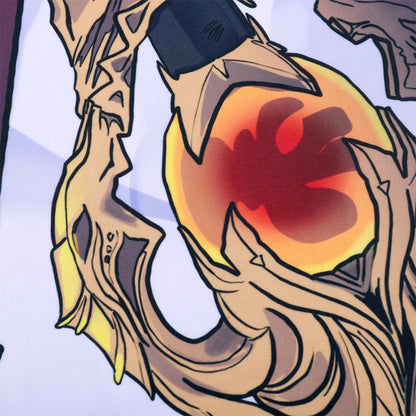 Close-up of a fantasy staff on a pillow cover.
