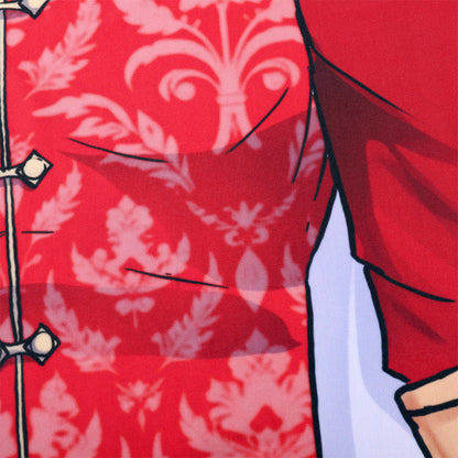 Close-up of a red garment with floral pattern and buttons.