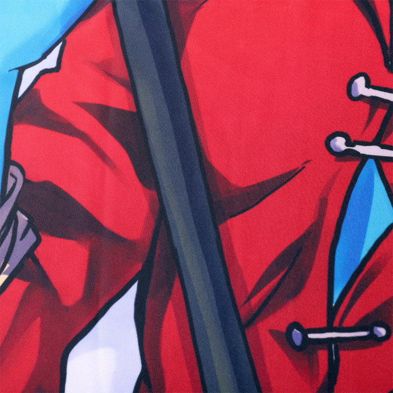 Close-up of a character in a red outfit with a staff.