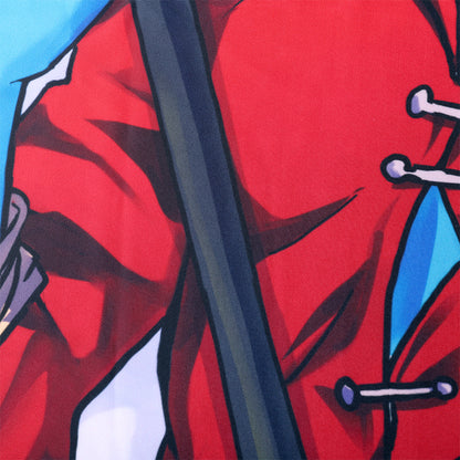 Close-up of a character in a red outfit with a staff.