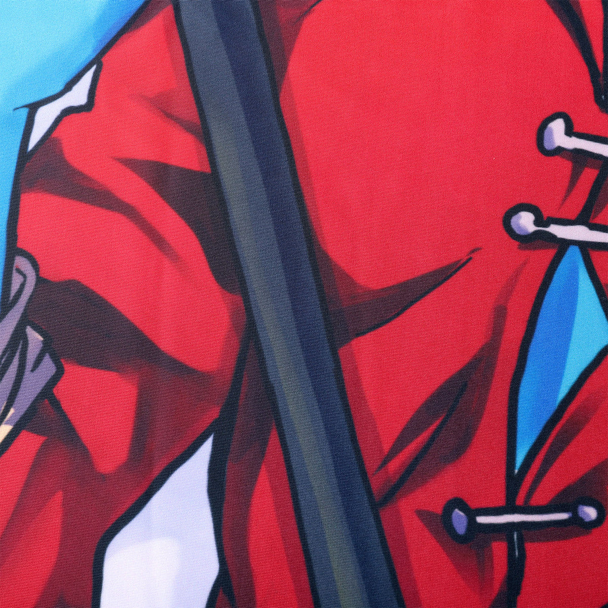 urge, a blue drow in a red outfit designed on a pillow cover
